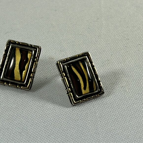 Faux Tigers Eye Silver Tone Border Rectangular Earrings .5" No Backs Classic - Picture 5 of 8